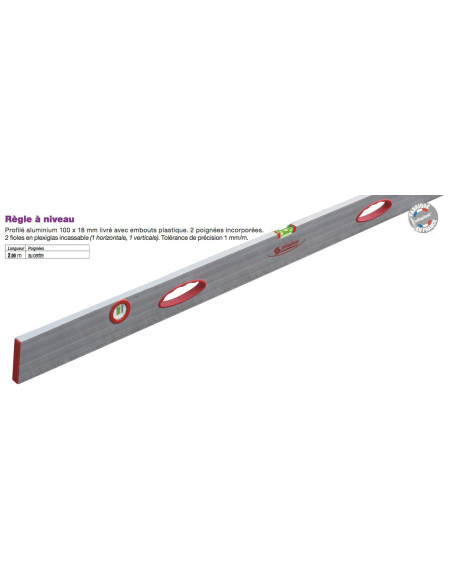Règle à niveau longueur 2,00m poignées au centre