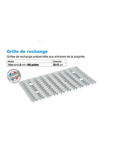 15 Grille de rechange Petites dents 8 mm - 480 pointes Dimensions 25x15 cm