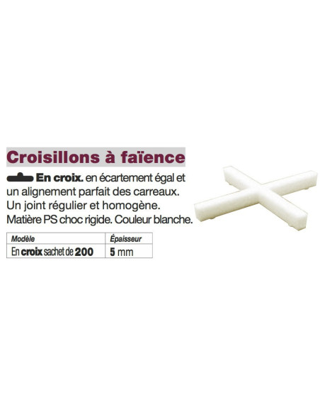 Croisillons à faïence en croix 5 mm Sachet de 200